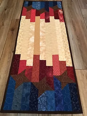 Handmade Quilted Patchwork Table Runner 18x47.5 Stars Stripes Red Tan Blue Brown • $32