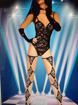 Super Sexy STRIP LAP POLE BLACK 6 PIECE TEDDY GARTINI GLOVES Dance Party Wear • £22.50