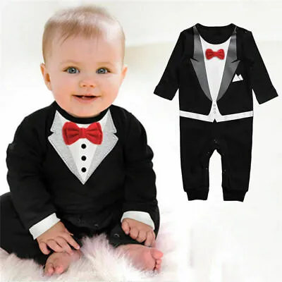 Infant Baby Boys Gentleman Tuxedo Formal Wedding Outfit Jumpsuit Romper Clothes • £10.52