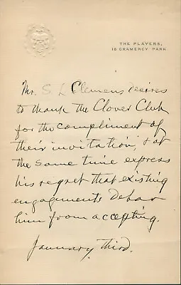 Samuel L.  Mark Twain  Clemens - Third Person Autograph Letter 1/3 • $3500