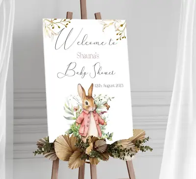 Personalised Flopsy Bunny Baby Shower Welcome Sign A3 Poster Banner Backdrop • £8.99