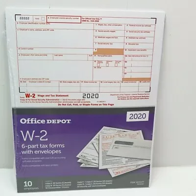 Office Depot W-2 Inkjet/Laser Tax Forms 2020 Tax Year 6-Part 10-PK W/ Envelopes • $12.49