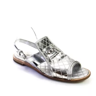 Chanel Metallic Silver Flat Sandals 39 8.5 Used Box Bags Free S/H • $199.99