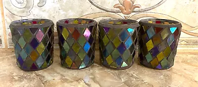 Elements Set Of 4 Multi-color Iridescent Glass Mosaic Votive Tealight Holders • $14.99