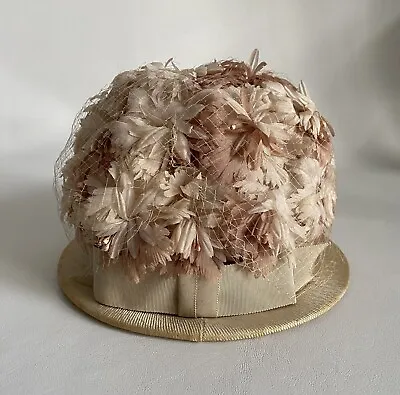 Vintage 1950s-1960's Beige Hat With Pink Flowers & Netting Jean Sutton Sz S • $32.95