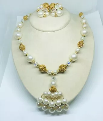 Vtg Faux Pearl/gold Filigree/crystal Tassel Bead Necklace W/matching Earrings • $19.99