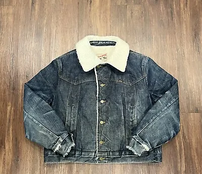 Vintage 80s Lee Storm Rider Denim Sherpa Lined Jean Jacket Distressed - Size 44 • $79.99