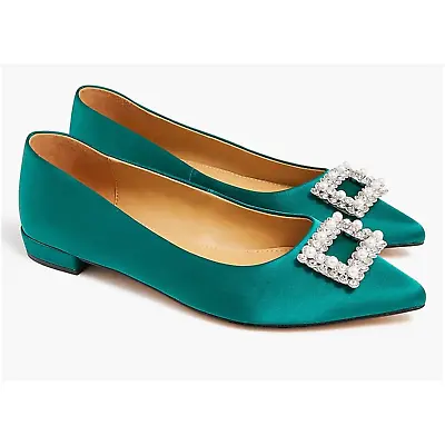 Crystal Embellished Pointed-Toe Satin Flats | Sz 9.5 Green | J Crew Factory • $75