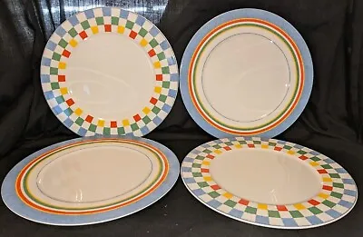 Set Of 4 VILLEROY & BOCH Tipo Viva 12  DINNER PLATES -2 Blue Rim & 2 Checker HTF • $79.95