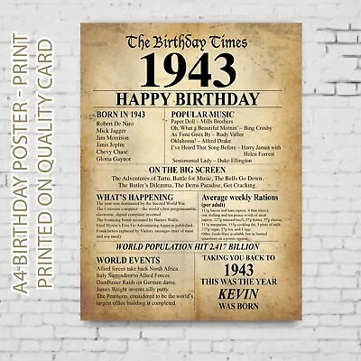 £4.69 • Buy 80th 1943 Personalised Birthday Present Gift Poster Print Back In Milestone 36