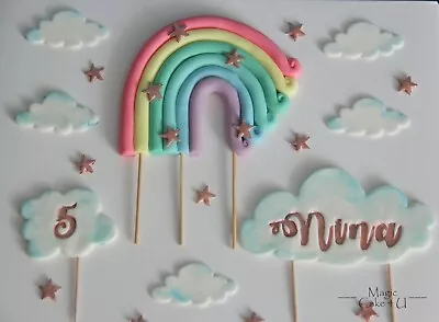  Edible Handmade Pastel Rainbow Clouds Rose Gold Name Age Stars Cake Topper  • £15.99