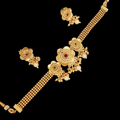 Indian Bollywood Gold Plated Pearl Choker Bridal Necklace Earrings Jewelry Set • £14.09