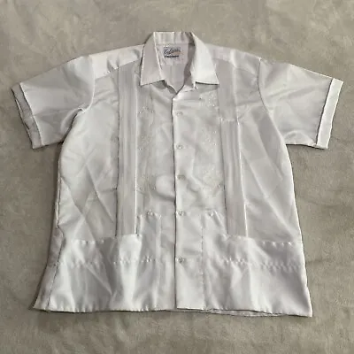 Vintage Cubana Shirt Mens 40 Grey Top Guayabera Mexican Cuban Short Sleeve 90s • $16.28