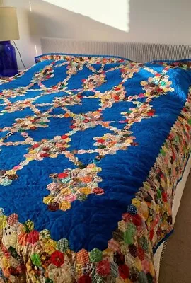 £395 • Buy Vintage Patchwork Hexagon English Quilt Super King Size Blue  Printed...