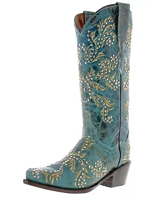 Turquoise Cowboy Boots Real Cowhide Leather Western Distress Leather Studs Snip • $102.39