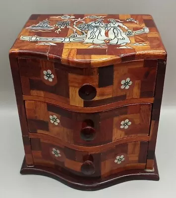 Small Wooden Handmade Trinket Box Felt-lined Drawers Abalone Inlay Scene On Top • $49.99