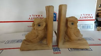 Pair Of Ivory Colored Resin Owl In A Tree Bookends Bright Blue Eyes Pre-Loved • $10