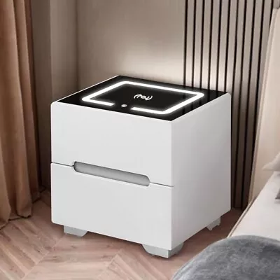 2 Drawers Bedside Table Wireless Charging LED Glass Top Nightstand Cabinet Unit • £49.99