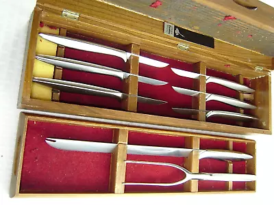 VINTAGE 8 PC GERBER LEGENDARY BLADES CARVING SET W/6 STEAK KNIVES WALNUT CASE • $39.95