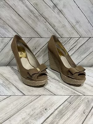 Michael Kors Meg Espadrilles Women Brown Suede Leather Wedge Open Toe Sz 8.5M • $33.03