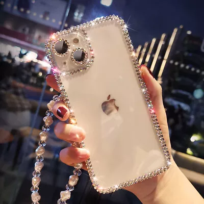 For IPhone 13 Pro Max 12 11 XR XS 7 8 Bling Glitter Crystal Clear Case W/ Strap • $15.99