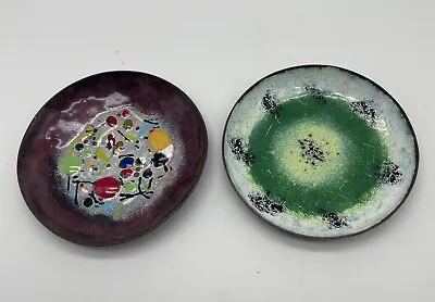 Vintage Set Of 2 MCM Enamel On Copper Dish Plate 3.75   Abstract.  • $18