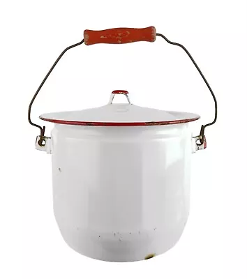 Vintage Enamel Chamber Pot With Lid White With Red Trim Enamel Bucket • $24.99