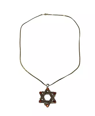 Vintage Star Of David Pendant 23” Gold Necklace Orange Rhinestones White Beads • $28