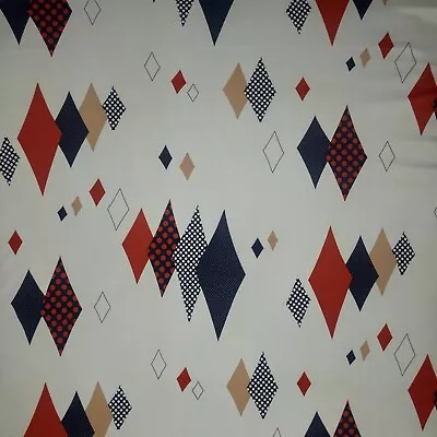 Vintage Fabric White Polyester Stretch Navy Red Diamonds Geometric 64 X82   • $26.99