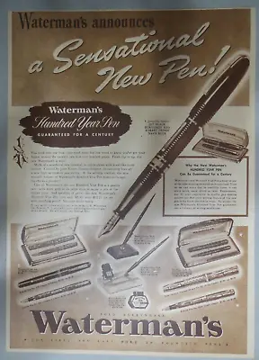 Waterman's Pen Ad: New  Waterman's Fountain Pen ! From 1939 Size 11 X 15 Inches • $25.65