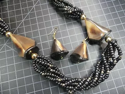 Vintage Beautiful 80s Chunky Horn Beaded Necklace & Matching Earrings NOS • $14.95