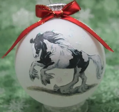 H018 Hand-made Christmas Ornament HORSE Black & White Gypsy Cob Vanner Gallop • £21.23