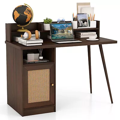 48  Computer Desk With Hutch Mid Century Workstation PE Rattan Cabinet Walnut • $139.99