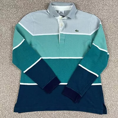 Lacoste Rugby Shirt Mens S Small Green Striped Colour Block Long Sleeve Polo • £27