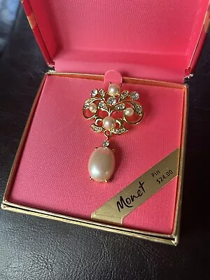 Vintage Monet Brooch Pin Faux Pearl & Rhinestone Gold Tone In Box New Old Stock • $25