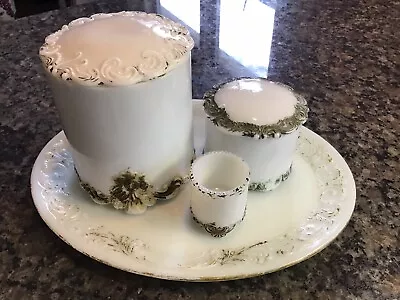 Antique EAPG Opal Milk  Glass Embossed Vanity Dresser SET Canisters Powder Jars • $49.90