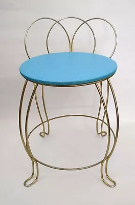 Vintage Turquoise Metal Vanity Stool Chair. Mid Century Seating. Brass Wire Seat • $55