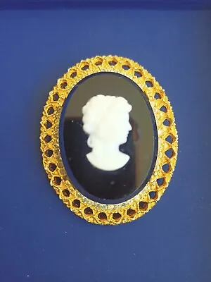 Vintage Black And Opaque Glass Cameo Brooch In Gilt  Setting. Signed • £12.99