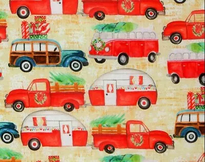 Fat Quarter Fabric  Holiday Red Truck Christmas Travel Camper Trailer Rv  Cotton • $2.99