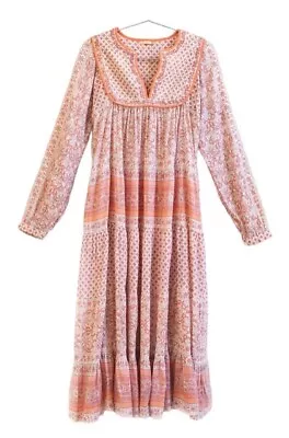 MATTA Nitika Nima Midi Dress In Block Print Pink Coral Cotton Quilted Size M • $135