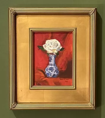 White Rose Flower Oil/Canvas Impressionist Still Life Signed Painting Gold Frame • $124.95