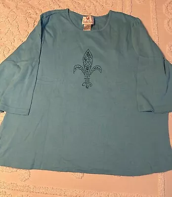 Quacker Factory Women Blue 3/4 Sleeve Fleur De Lis Embellished Shirt Blue 3X NEW • $22.99