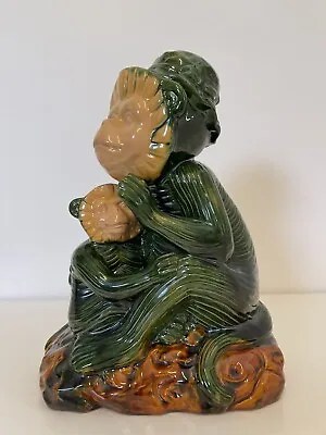 Vintage Green Majolica Monkey Holding Baby Figurine Chinoiserie 11.5” • $48