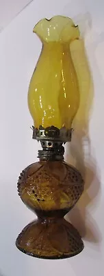 Vintage 1950's Miniature 12  Amber Pattern Glass Kerosene Oil Lamp W Chimney • $30