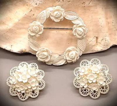 Vintage 1950s White Molded Celluloid Rose Wreath Brooch & Earring Set • $21.95