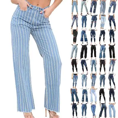 Women Ladies Floral Snake Stripes High Waist Split Wide Leg Straight Denim Jeans • £11.99