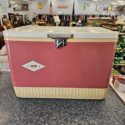 Vintage Diamond Logo Pink /White Metal Coleman Ice Chest Retro Cooler W/ Tray • $100