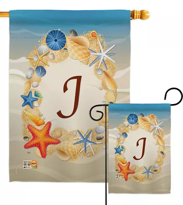 Summer J Initial Beach Monogram Seashell Wreath Garden House Yard Flag • $15.95