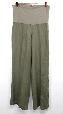 Fresh Laundry Fold Over Waistband Wide Leg Olive Linen Long Pants Pull On Size M • $31.49