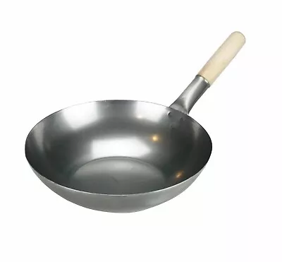 Carbon Steel Wok Deep Chinese Asian Cooking Wooden Handle Stir Fry Pan Flat Base • £15.77